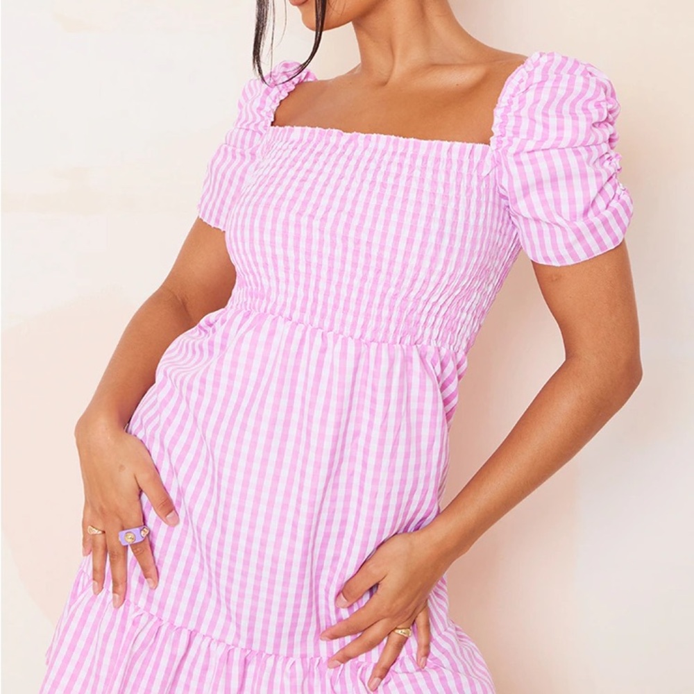 PrettyLittleThing Pink and White Smocked Square Neck Midi Dress